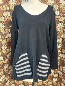 Nimpy Clothing upcycled 100% cashmere black a line jumper stripy pocket small medium front 