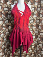 Load image into Gallery viewer, Nimpy Clothing hand felted nuno halter neck dress red short pixie merino and silk on cotton small size 8 to 12 front