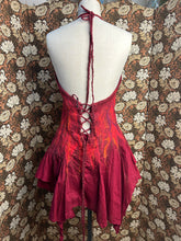 Load image into Gallery viewer, Nimpy Clothing hand felted nuno halter neck dress red short pixie merino and silk on cotton small size 8 to 12 back 