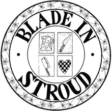 Load image into Gallery viewer, Blade in Stroud Damascus kitchen knife with leather sheath