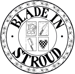 Blade in Stroud Damascus kitchen knife with leather sheath