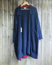 Load image into Gallery viewer, Nimpy clothing upcycled 100% cashmere Midnight and scarlet long coatigan medium/large