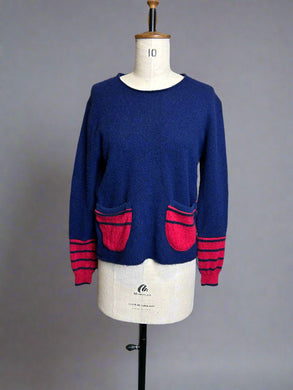 Nimpy Clothing upcycled 100% cashmere rich Navy and Cherry pocket jumper small medium