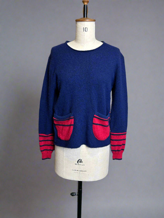 Nimpy Clothing upcycled 100% cashmere rich Navy and Cherry pocket jumper small medium