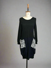 Load image into Gallery viewer, Nimpy Clothing upcycled 100% cashmere black and zebra pocket dress small