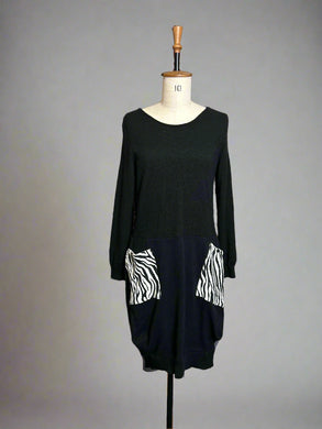 Nimpy Clothing upcycled 100% cashmere black and zebra pocket dress small