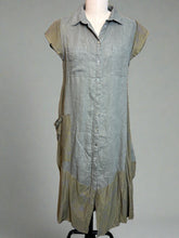 Load image into Gallery viewer, Nimpy Clothing upcycled linen and cotton long olive green shirt dress small