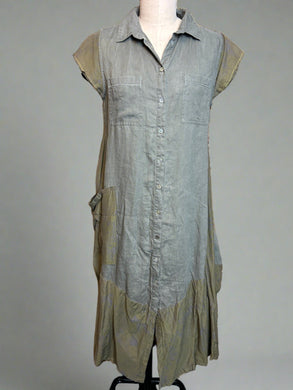 Nimpy Clothing upcycled linen and cotton long olive green shirt dress small