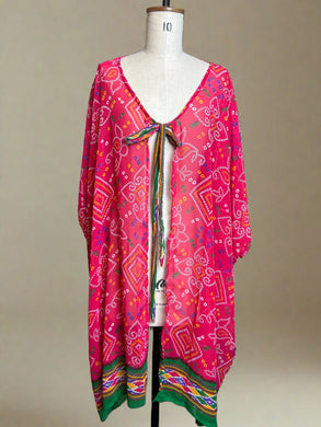 Nimpy Clothing upcycled saree open kaftan turnover pink with tied