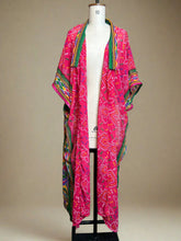 Load image into Gallery viewer, Nimpy Clothing upcycled saree open kaftan pink and green with mirror edging