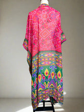 Load image into Gallery viewer, Nimpy Clothing upcycled saree open kaftan pink and green with mirror edging