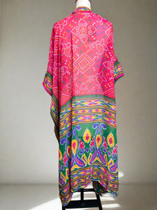 Nimpy Clothing upcycled saree open kaftan pink and green with mirror edging
