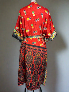 Nimpy Clothing upcycled saree open kaftan turnover red and black with ties