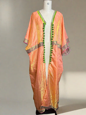 Nimpy Clothing upcycled saree open Kaftan turnover peach and green pom-poms