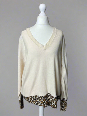 Nimpy Clothing upcycled 100% cashmere white and leopard boxy jumper medium