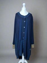 Load image into Gallery viewer, Nimpy Clothing upcycled 100% cashmere navy and mustard striped bustle coatigan medium large