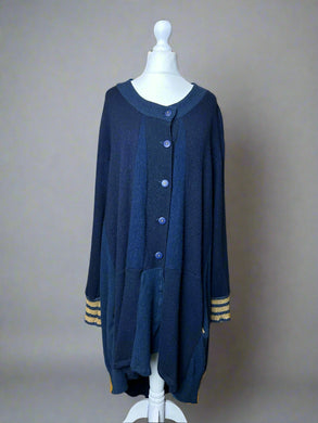 Nimpy Clothing upcycled 100% cashmere navy and mustard striped bustle coatigan medium large