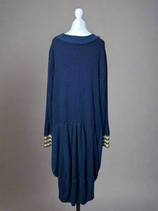 Nimpy Clothing upcycled 100% cashmere navy and mustard striped bustle coatigan medium large