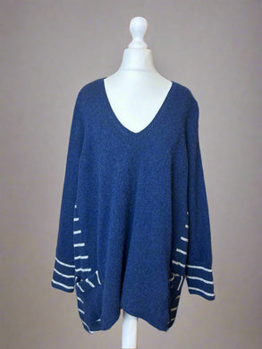Nimpy Clothing upcycled 100% cashmere blue and stripes pocket boxy jumper extra large