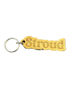 Gold 'Stroud' keychain on a white background