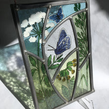 Load image into Gallery viewer, Liz Dart Stained Glass butterfly and cow parsley panel