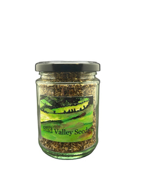 Jar of seeds with a label on a white background 