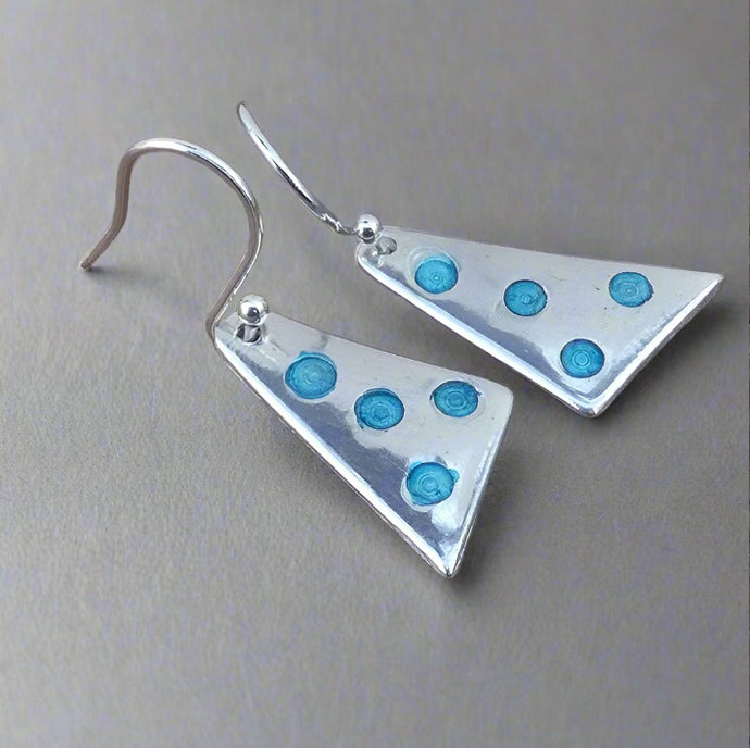 Jane Vernon Fine silver & acrylic triangle 4 spot earrings, turquoise