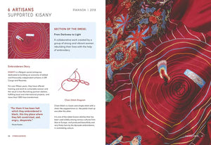 Page from a book  featuring a colourful dress with intricate patterns and text about artisans in Rwanda.