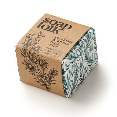 Soap Folk rosemary & arnica bath cube packaging on a white background