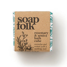 Load image into Gallery viewer, Soap Folk rosemary &amp; Arnica bath cube packaging on a white background