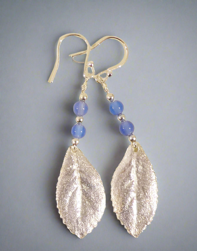 Jane Vernon Fine silver escallonia leaf earrings with blue agate and silver beads A51