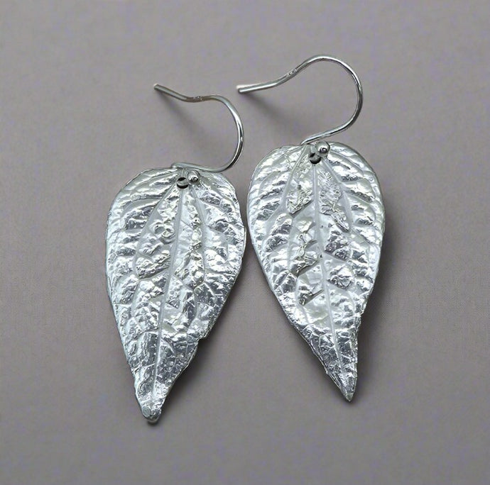 Jane Vernon Fine Silver large textured leaf earring 