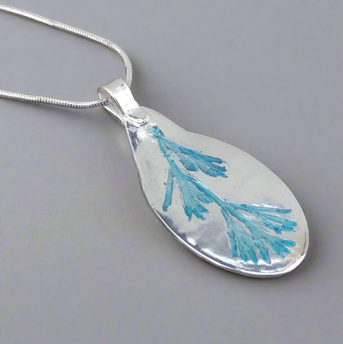 Jane Vernon Fine Silver and acrylic pendant, turquoise Californian poppy leaf 