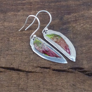 Jane Vernon Fine Silver and acrylic rose earnings red green