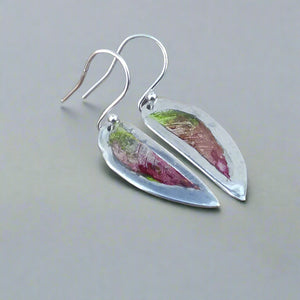 Jane Vernon Fine Silver and acrylic rose earnings red green