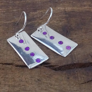 Jane Vernon Fine Silver and acrylic rectangle earrings, pinky purple spots