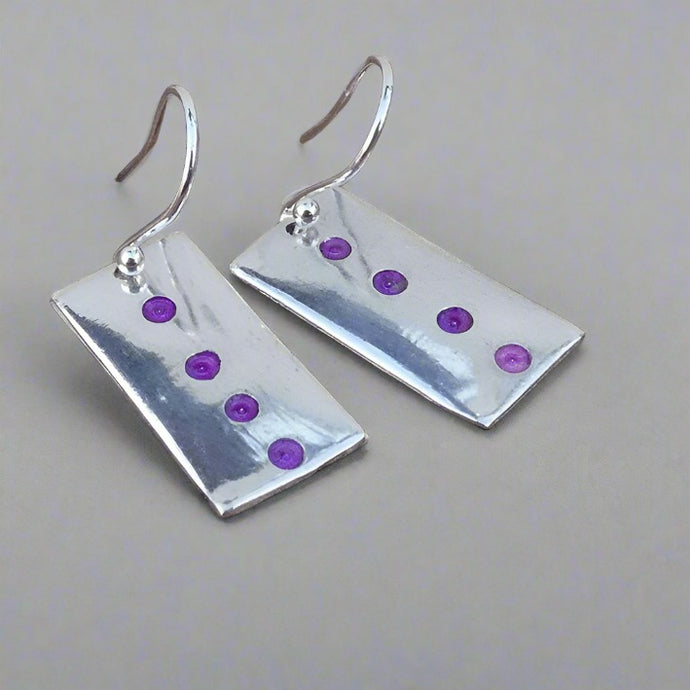 Jane Vernon Fine Silver and acrylic rectangle earrings, pinky purple spots