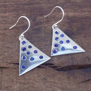 Jane Vernon Fine Silver and acrylic triangle earrings with blue dots