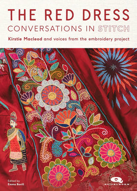 Book cover of 'The Red Dress: Conversations in Stitch' with embroidered fabric design.