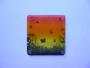 Eva Glass Design Orange and yellow butterfly meadow fused glass coaster (EGD  CBF)