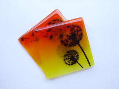 EvaGlass Design Orange and yellow dandelion fused glass coaster (EGD  CDS)