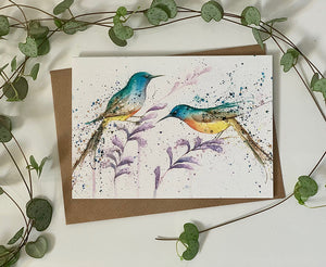 Amy Primarolo Art Sunbirds with Erica Flowers greetings card (AMY)