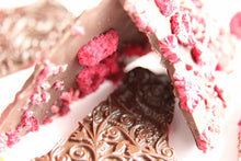 Load image into Gallery viewer, Flowers and Thorn Persian rose essence with raspberries in dark Ecuadorian chocolate bark (FANDT)