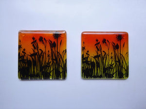 Eva Glass Design Orange and yellow flower meadow fused glass coaster (EGD  CBF)