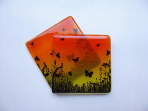 Eva Glass Design Orange and yellow butterfly meadow fused glass coaster (EGD  CBF)