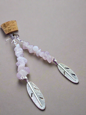 Rose quartz earrings with feather detai