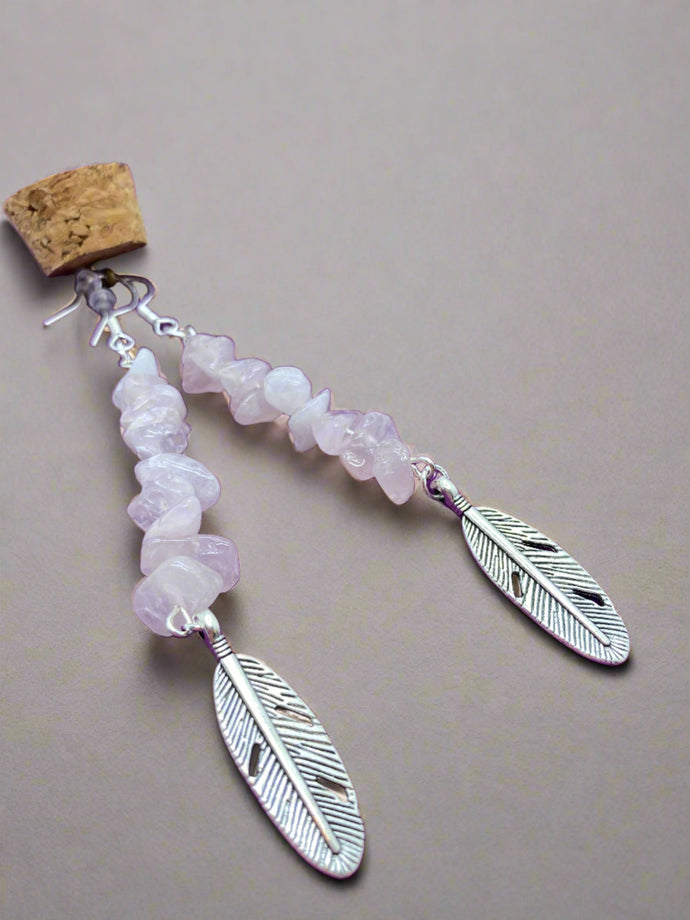 Rose quartz earrings with feather detai