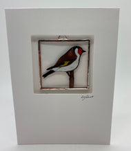 Load image into Gallery viewer, Liz dart stained glass goldfinch greetings card 