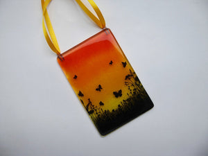 EvaGlass Design Orange and yellow butterfly meadow fused glass suncatcher (EGD BFSC)