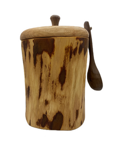 Carpenter’s Woodcraft shrink pot and coffee caddy and scoop plum elm and walnut (SC)